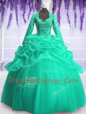 Turquoise Zipper Quinceanera Gowns Sequins and Pick Ups Long Sleeves Floor Length