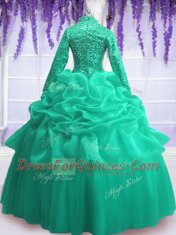 Turquoise Zipper Quinceanera Gowns Sequins and Pick Ups Long Sleeves Floor Length
