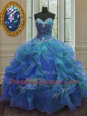Affordable Blue Sweetheart Neckline Beading and Ruffles Sweet 16 Dresses Sleeveless Lace Up