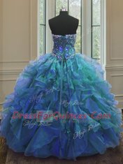 Affordable Blue Sweetheart Neckline Beading and Ruffles Sweet 16 Dresses Sleeveless Lace Up