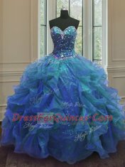 Affordable Blue Sweetheart Neckline Beading and Ruffles Sweet 16 Dresses Sleeveless Lace Up