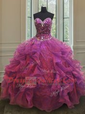 Edgy Purple Organza and Sequined Lace Up 15th Birthday Dress Sleeveless Floor Length Beading and Ruffles