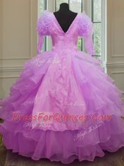 Long Sleeves Organza Floor Length Zipper Ball Gown Prom Dress in Lilac with Ruffled Layers