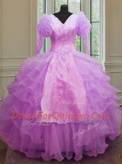 Long Sleeves Organza Floor Length Zipper Ball Gown Prom Dress in Lilac with Ruffled Layers