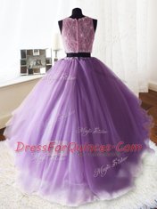 Modern Three Piece Scoop Lace With Train Ball Gowns Sleeveless Lilac Quinceanera Dress Brush Train Zipper