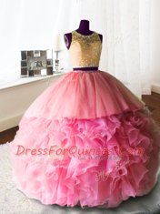 Rose Pink Ball Gowns Scoop Sleeveless Organza and Tulle and Lace With Brush Train Zipper Beading and Lace and Ruffles Quinceanera Dresses