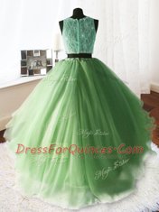 Wonderful Scoop Organza and Tulle and Lace Sleeveless With Train Vestidos de Quinceanera Brush Train and Beading and Lace and Ruffles