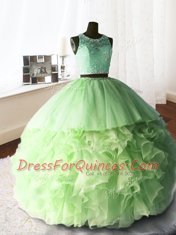 Wonderful Scoop Organza and Tulle and Lace Sleeveless With Train Vestidos de Quinceanera Brush Train and Beading and Lace and Ruffles