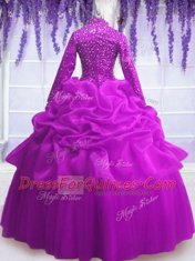 Gorgeous Floor Length Fuchsia Quince Ball Gowns Organza Long Sleeves Sequins and Pick Ups