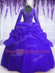 Shining Organza V-neck Long Sleeves Zipper Sequins and Pick Ups Sweet 16 Quinceanera Dress in Royal Blue