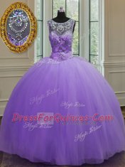 Amazing Scoop Floor Length Lavender 15 Quinceanera Dress Tulle Sleeveless Beading