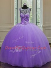 Amazing Scoop Floor Length Lavender 15 Quinceanera Dress Tulle Sleeveless Beading