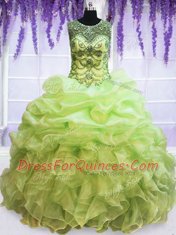 Custom Design Scoop Beading and Pick Ups Quinceanera Dress Yellow Green Lace Up Sleeveless Floor Length