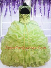 Custom Design Scoop Beading and Pick Ups Quinceanera Dress Yellow Green Lace Up Sleeveless Floor Length