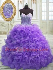 New Arrival Organza Sweetheart Sleeveless Sweep Train Lace Up Beading and Ruffles Quinceanera Gowns in Purple