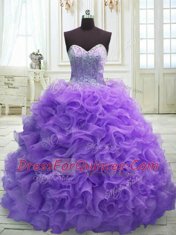New Arrival Organza Sweetheart Sleeveless Sweep Train Lace Up Beading and Ruffles Quinceanera Gowns in Purple