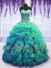 Edgy Turquoise Ball Gowns Beading and Ruffles Quinceanera Gowns Lace Up Organza Sleeveless Floor Length