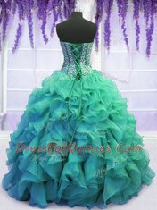 Edgy Turquoise Ball Gowns Beading and Ruffles Quinceanera Gowns Lace Up Organza Sleeveless Floor Length