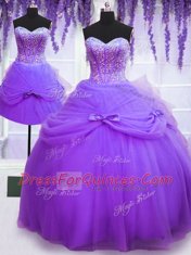 Three Piece Sleeveless Floor Length Beading and Bowknot Lace Up 15 Quinceanera Dress with Purple