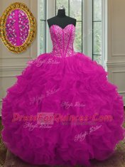 Sumptuous Fuchsia Ball Gowns Sweetheart Sleeveless Organza Floor Length Lace Up Beading and Ruffles Quinceanera Gown