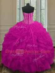 Sumptuous Fuchsia Ball Gowns Sweetheart Sleeveless Organza Floor Length Lace Up Beading and Ruffles Quinceanera Gown