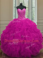 Sumptuous Fuchsia Ball Gowns Sweetheart Sleeveless Organza Floor Length Lace Up Beading and Ruffles Quinceanera Gown