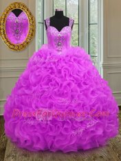 Glamorous Fuchsia Ball Gown Prom Dress Military Ball and Sweet 16 and Quinceanera and For with Beading and Ruffles Straps Sleeveless Lace Up