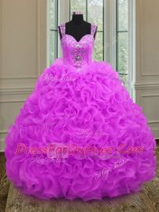 Glamorous Fuchsia Ball Gown Prom Dress Military Ball and Sweet 16 and Quinceanera and For with Beading and Ruffles Straps Sleeveless Lace Up