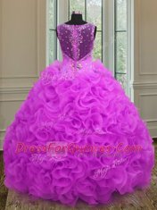 Glamorous Fuchsia Ball Gown Prom Dress Military Ball and Sweet 16 and Quinceanera and For with Beading and Ruffles Straps Sleeveless Lace Up