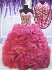Great Pink Organza Lace Up Sweetheart Sleeveless Quinceanera Dresses Sweep Train Beading and Ruffles