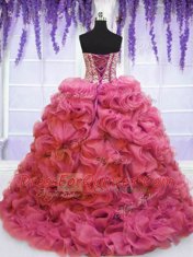 Great Pink Organza Lace Up Sweetheart Sleeveless Quinceanera Dresses Sweep Train Beading and Ruffles