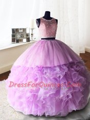 Lilac Quinceanera Gowns Military Ball and Sweet 16 and Quinceanera and For with Beading and Lace and Ruffles Scoop Sleeveless Brush Train Zipper