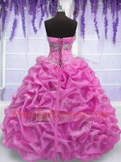 Rose Pink Ball Gowns Strapless Sleeveless Organza Floor Length Lace Up Beading Quinceanera Dresses