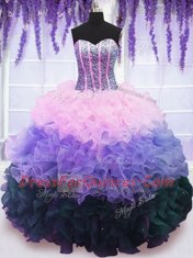 Chic Multi-color Organza Lace Up Sweetheart Sleeveless Floor Length Quince Ball Gowns Beading and Ruffles and Ruffled Layers