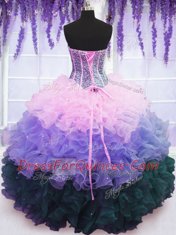 Chic Multi-color Organza Lace Up Sweetheart Sleeveless Floor Length Quince Ball Gowns Beading and Ruffles and Ruffled Layers