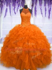 Orange Red Sleeveless Organza Lace Up Vestidos de Quinceanera for Military Ball and Sweet 16 and Quinceanera