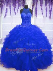 High-neck Sleeveless Organza Sweet 16 Quinceanera Dress Beading and Ruffles and Sequins Lace Up