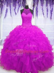 Custom Design Fuchsia Sweet 16 Quinceanera Dress Military Ball and Sweet 16 and Quinceanera and For with Beading and Ruffles High-neck Sleeveless Lace Up