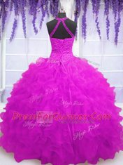 Custom Design Fuchsia Sweet 16 Quinceanera Dress Military Ball and Sweet 16 and Quinceanera and For with Beading and Ruffles High-neck Sleeveless Lace Up