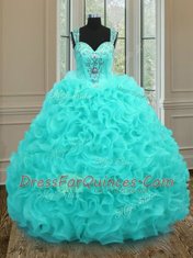Admirable Floor Length Aqua Blue Quince Ball Gowns Straps Sleeveless Zipper