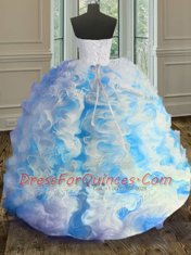 Glamorous Blue And White Ball Gowns Sweetheart Sleeveless Organza Floor Length Lace Up Beading and Ruffles Quinceanera Dress