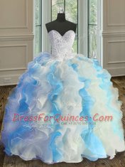 Glamorous Blue And White Ball Gowns Sweetheart Sleeveless Organza Floor Length Lace Up Beading and Ruffles Quinceanera Dress