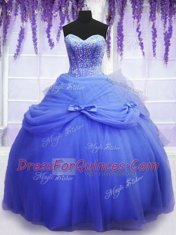 Pretty Blue Tulle Lace Up Sweetheart Sleeveless Floor Length 15th Birthday Dress Beading and Bowknot