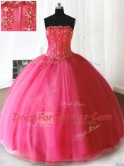 Hot Pink Tulle Lace Up Strapless Sleeveless Floor Length Sweet 16 Dresses Beading and Appliques