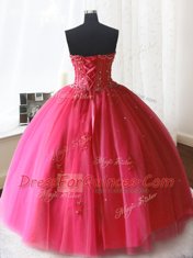 Hot Pink Tulle Lace Up Strapless Sleeveless Floor Length Sweet 16 Dresses Beading and Appliques
