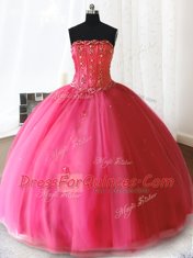 Hot Pink Tulle Lace Up Strapless Sleeveless Floor Length Sweet 16 Dresses Beading and Appliques