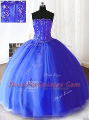 Low Price Strapless Sleeveless Lace Up Quinceanera Dress Royal Blue Tulle