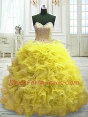 Glittering Yellow Sleeveless Organza Sweep Train Lace Up 15th Birthday Dress for Military Ball and Sweet 16 and Quinceanera