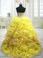 Glittering Yellow Sleeveless Organza Sweep Train Lace Up 15th Birthday Dress for Military Ball and Sweet 16 and Quinceanera