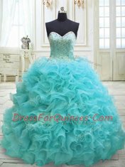 Traditional Aqua Blue Sweet 16 Dresses Sweetheart Sleeveless Sweep Train Lace Up